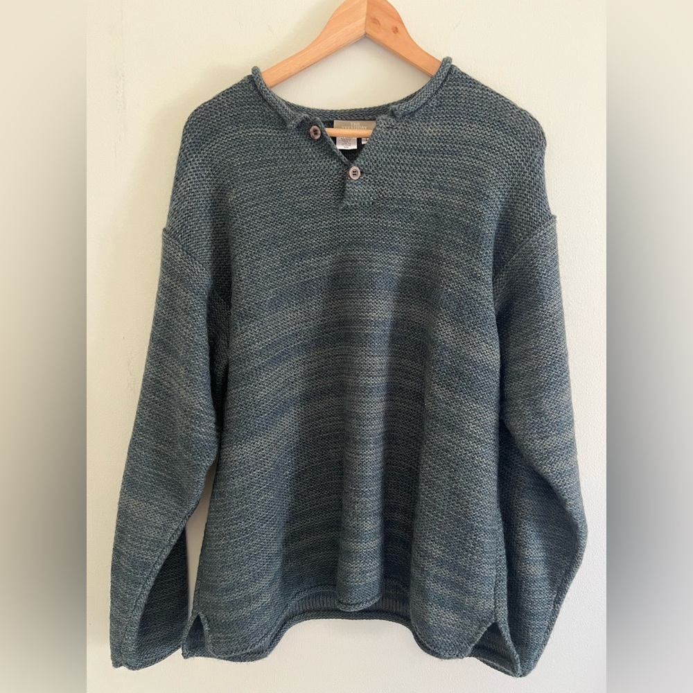 The Territory Ahead Alpaca Wool Knit Henley Pullover Sweater Gray/Teal Size L